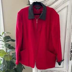 Braebrook Vintage Women's Red Wool Leather Trim Coat Full Zip Jacket Size 22W
